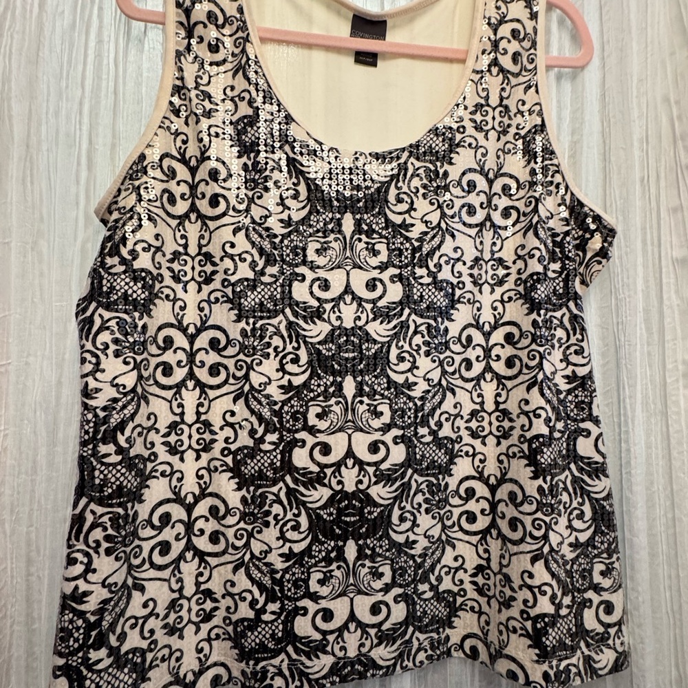 Elegant Black and Cream Patterned Women's Top with sequined front.